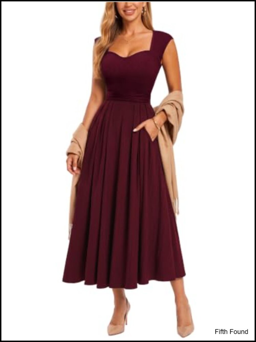 Miusol Retro Square Neck Pleated A-Line Casual Swing Midi Dress